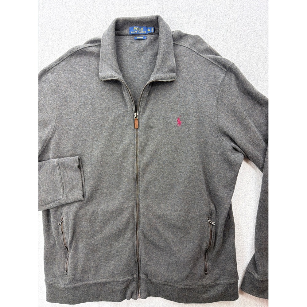 Polo Ralph Lauren Mens XL Estate Rib Full Zip Jacket Gray Pink Pony Cotton